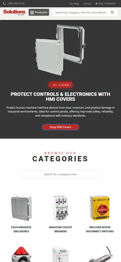 Solutions Direct industrial ecommerce website shown on a mobile screen